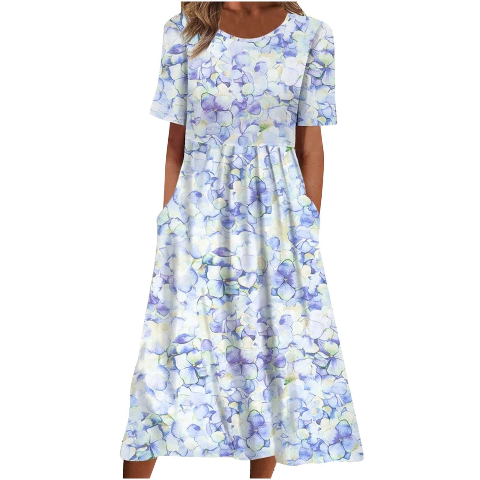 GenericGoing Out Dresses for Women Summer Floral Causal V-Neck Button Short Sleeve Midi Dress with Pockets Loose Beach Sundresses