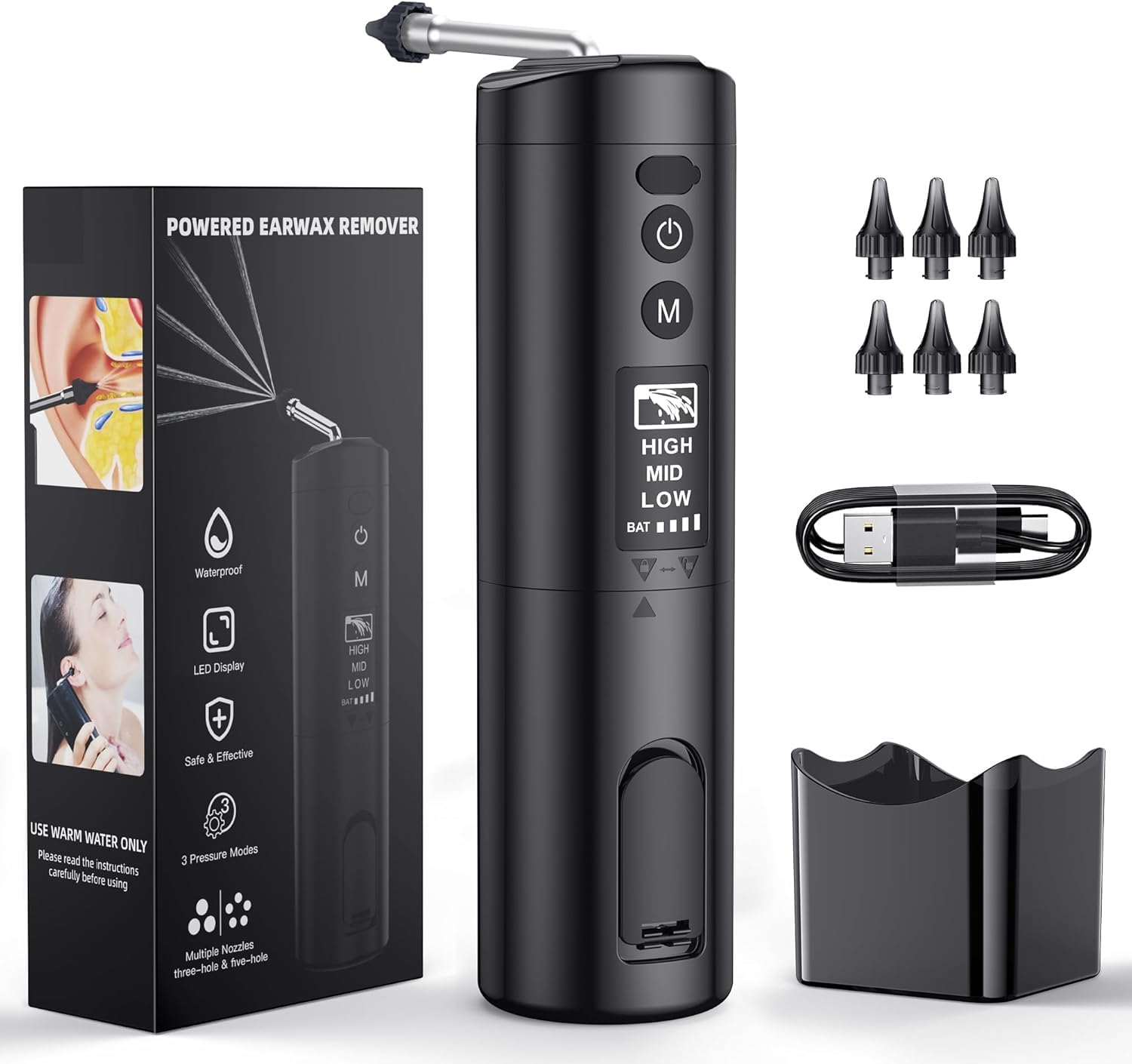 Ear Wax Removal, Upgraded Electric Ear Cleaner with 3 Adjustble Modes - Ear Wax Removal Kit with 6 Reusable Replacement Tips, LED Display, IPX7 Waterproof, USB-C Charging, Effective Ear Cleaning Kit