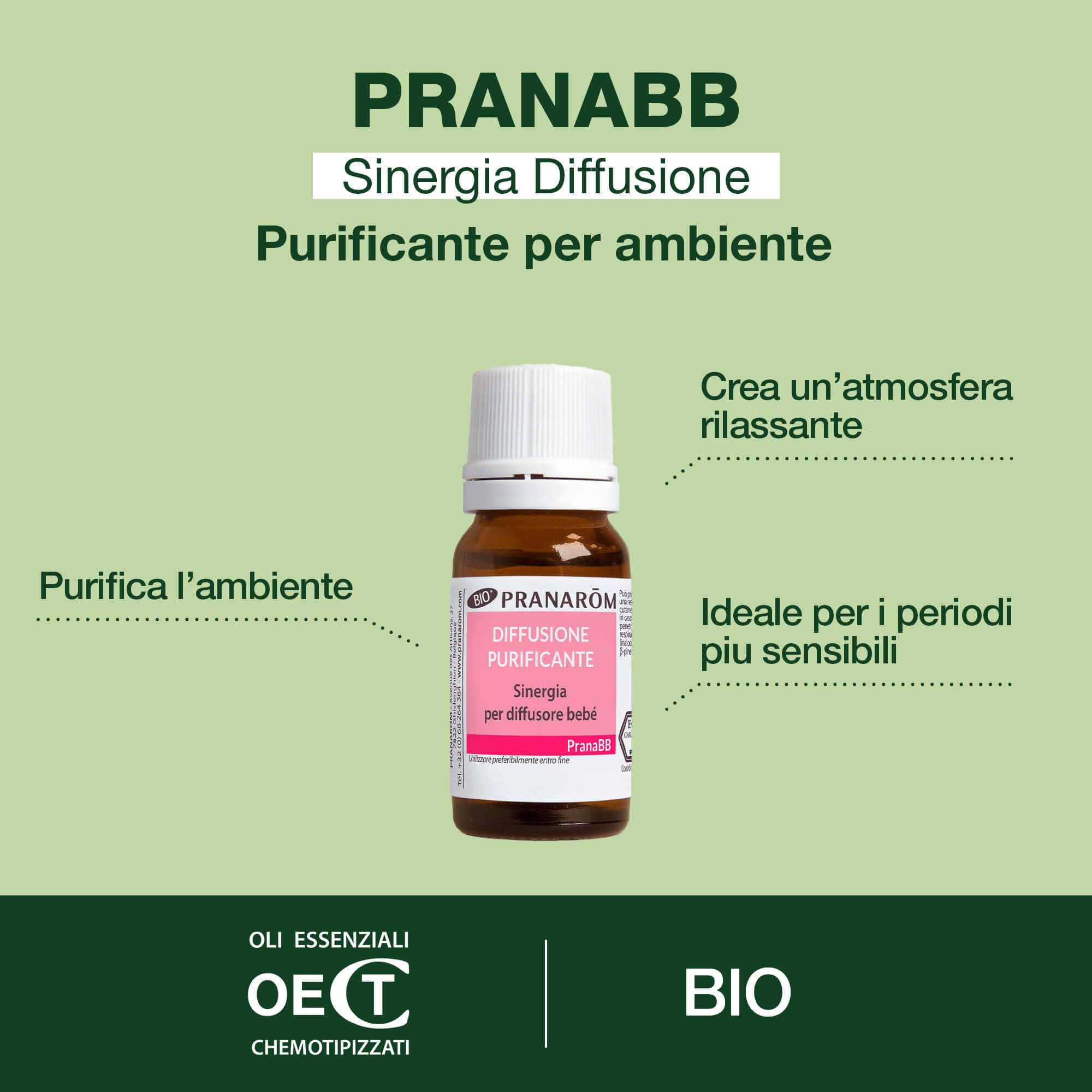 PRANARÔM PranaBB Difusión Purificante – Mezcla de Aceites Esenciales 100% BIO para Difusor Bebé – Purifica el Aire y Crea un Ambiente Saludable – Vegano – 10 ml