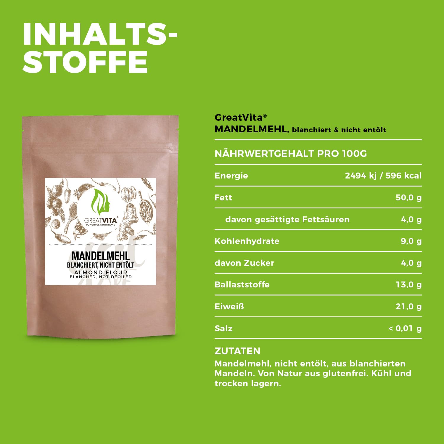 GreatVita mąka migdałowa, 5 x 1000 g, naturalna i blanszowana, drobna mąka ze zmielonych migdałów, idealna do kuchni niskowęglowodanowej, pieczenia i panierowania, bogata w białko i błonnik, wegańska
