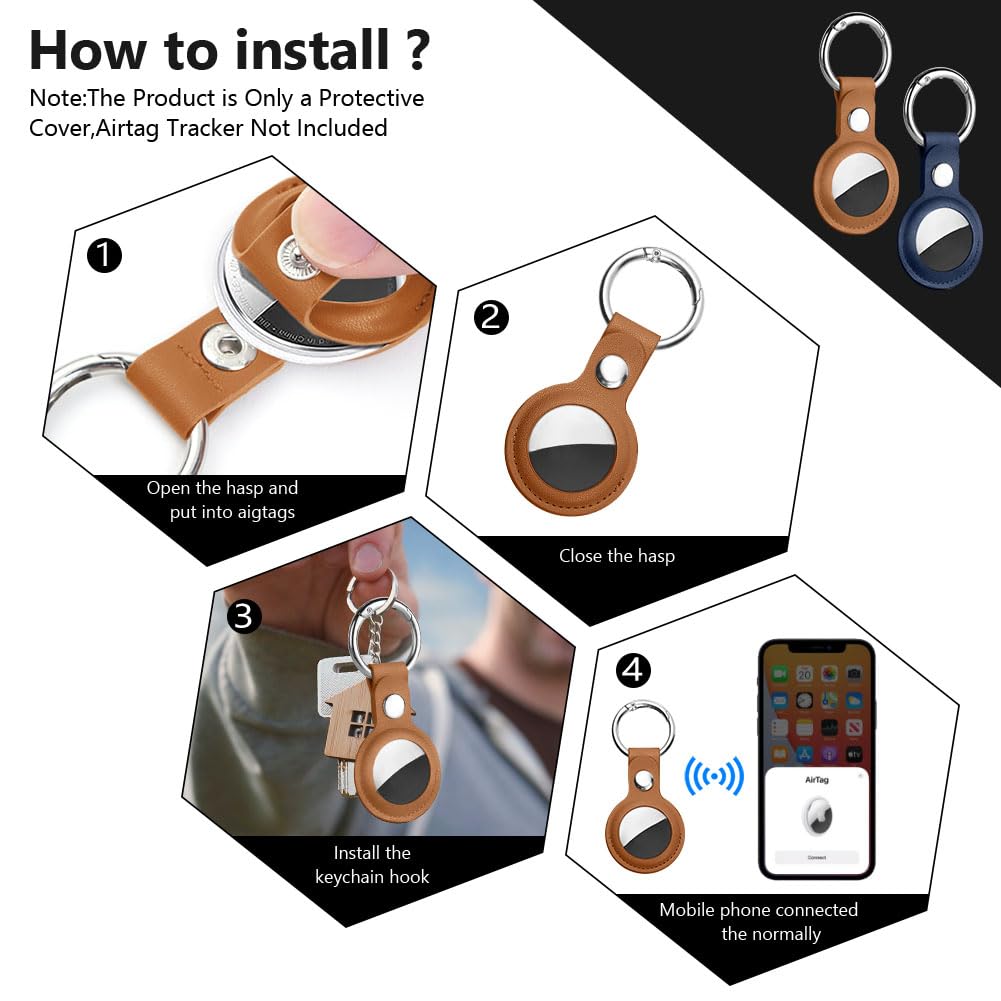 Ainiv Protective Case for Apple Airtags, 2 Pack PU Leather Keyring Case, Tracker Cover for AirTags, Pet Dog Cat Collar Locator Tracker Cover, Key Finder Case for AirTag-Blue and Brown — view 4