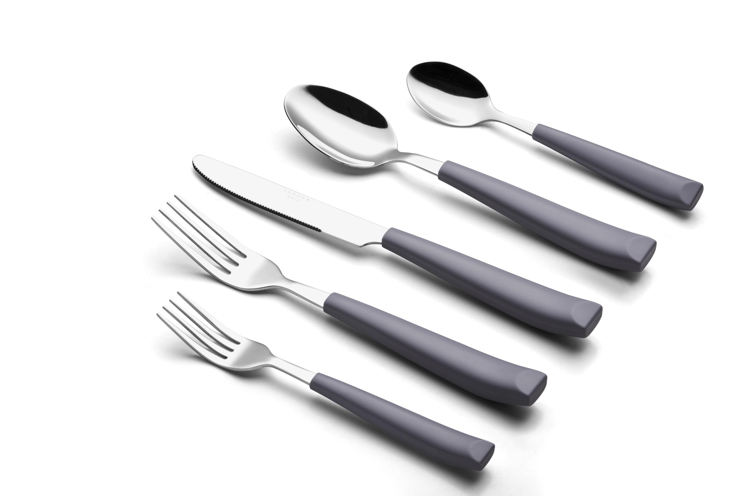 Annova 20-teiliges Edelstahl-Besteck-Set – farbige Griffe – 4 x Menuegabeln, 4 x Salatgabeln, 4 x Menümesser, 4 x Esslöffel, 4 x Teelöffel – Service für 4 (Grau, 20 Stück)