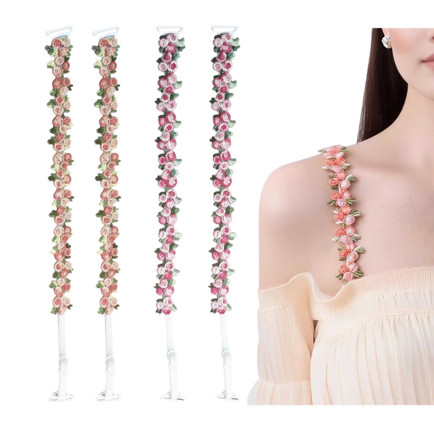 Bra Straps for Women Fancy | 2 Pcs Floral Embroidered Shoulder Straps | Adjustable Detachable Fancy Bra Straps for Off Shoulder Tops Dress Evening Dress