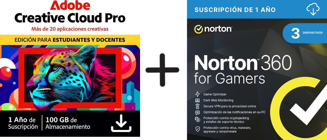 Adobe Creative Cloud Pro para estudiantes y docentes | Software Creativo con IA | 1 Año + Norton 360 for Gamers 2026 |Antivirus 3 Dispositivos| 1 año| Descarga digital