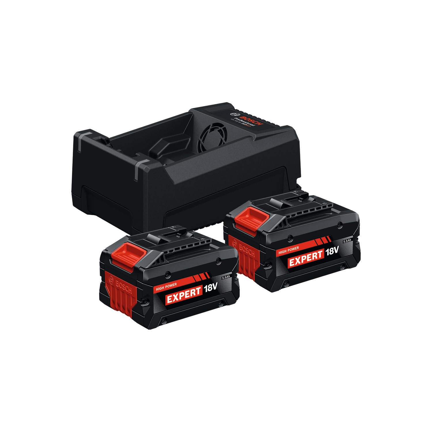 Bosch EXPERT 18V System Hochleistungs-Starter-Set: 2X EXBA18V-55 + 1x Schnellladegerät GAL 12V/18V-18
