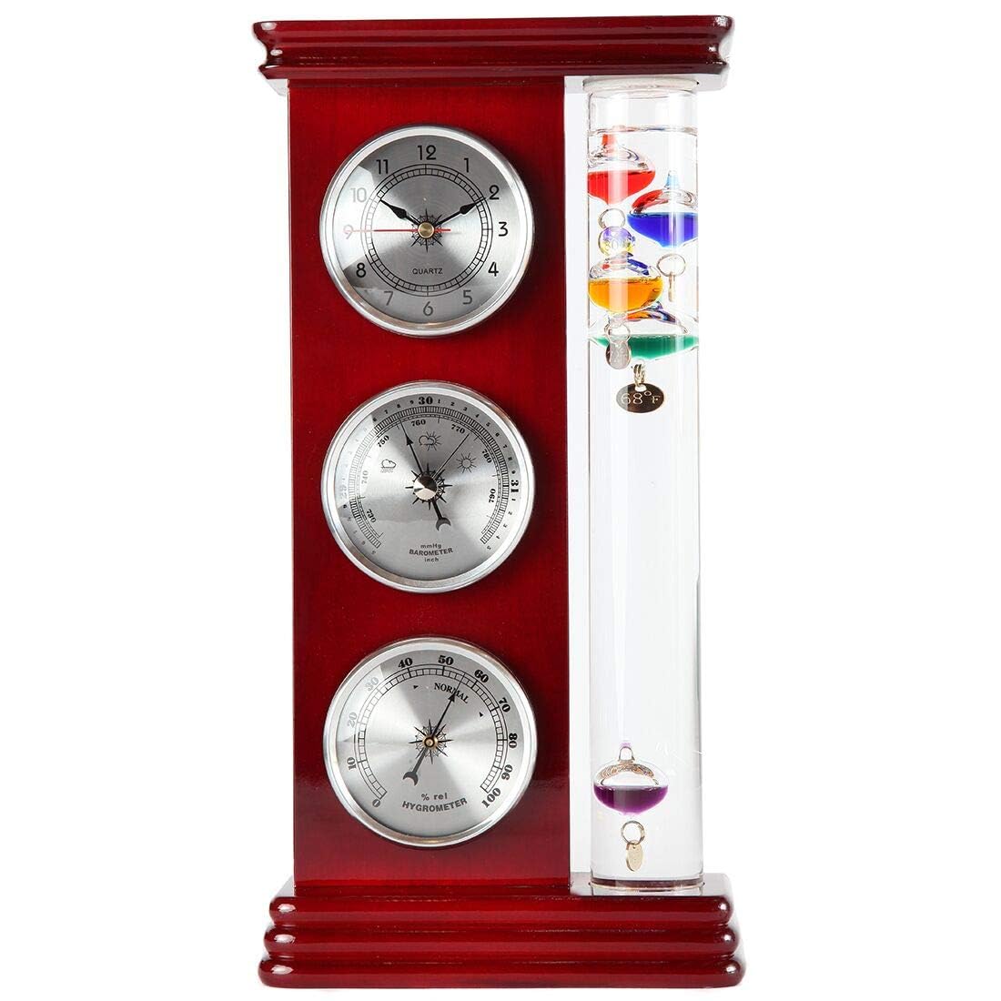 Lily's Home Analog Weather Station, with Galileo Thermometer, a Precision Quartz Clock, and Analog Barometer and Hygrometer, 5 Multi-Colored Spheres (6" L x 2" W x 12" H) - Silver