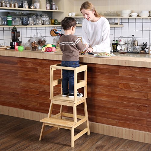 SDADI Kids Kitchen Step Stool with Safety Rail - for Toddlers 18 Months and Older, Natural LT01N