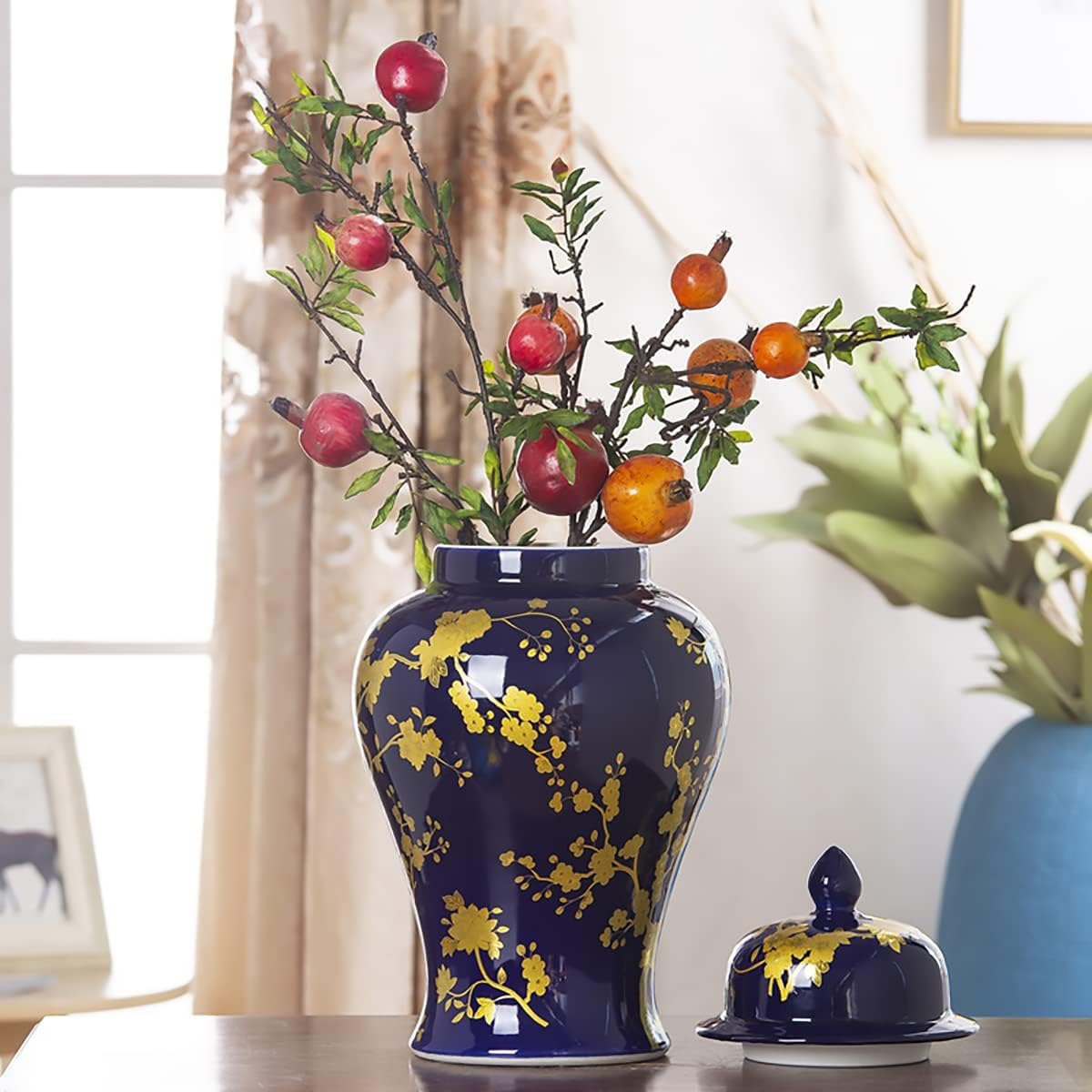 Wazon ceramiczny z malowanymi kwiatami i imbirowymi słoikami z pokrywkami do dekoracji, dekoracyjny wazon, tradycyjny słoik świątynny do biura, na stół, do salonu, na środek stołu (Szary Wilk, 45