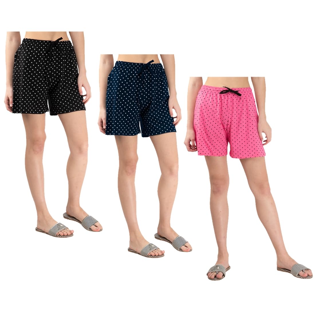 kayu Pack of 3 Women’s Polka Dot Printed Shorts with Drawstring Waist – Comfortable Casual Lounge Wear, Breathable Fabric, Stylish Summer Sleepwear Shorts for Women Pink, Navy Blue, Black-picture-38