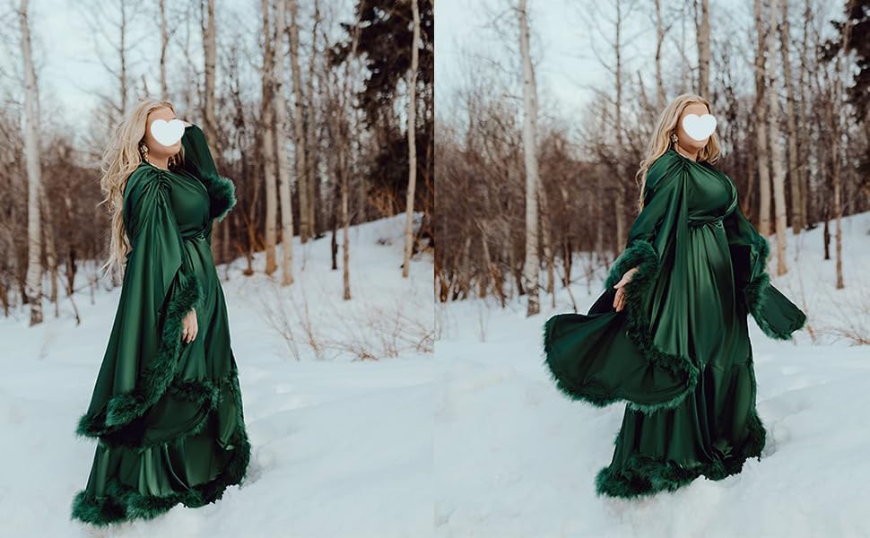 Women's Feather Bridal Robes Old Hollywood Maternity Photoshoot Nightgown Silk Bathrobe Long Lingerie - Image 7