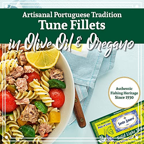Image of Santo Amaro - Artisanal Wild Tuna Fillets in Olive Oil & Oregano, Pole & Line Caught Tuna from Portugal, Hand-Packed Athens-Style Canned Tuna Fish, 22g Protein, Paleo, Keto, Low Mercury, Pack of 3