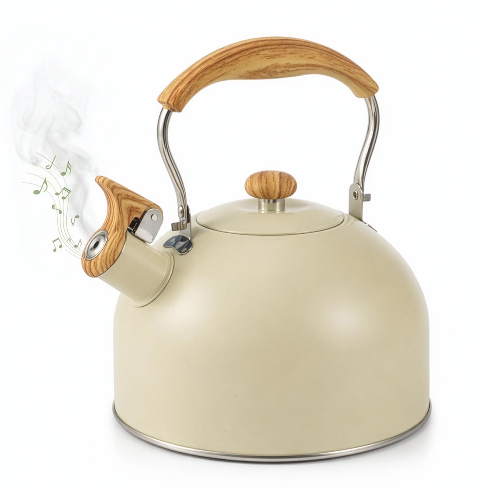EVERGOODS Stainless Steel Whistling Tea Kettle for Stove Top, Loud Whistle Gas Stove Kettle with Wood Grain Heat-Resistant Handle, LargeTeapot for Induction, Electric Gas Stovetops (White, 2.5L)
