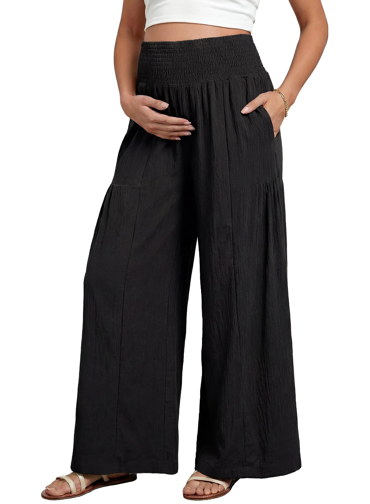 BLENCOT Maternity Smocked Waist Palazzo Pants Wide Leg Casual Trousers