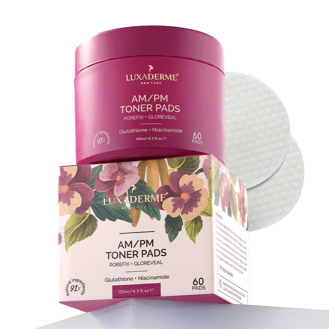 LuxaDerme AM/PM Toner Pads for Korean Glass Skin Glow with Niacinamide & Glutathione | Pre-Soaked Dual-Textured Cotton Pad to Gently Exfoliate, Tone & Brighten Skin | Hydrates & Refines Pores | Vegan Korean Skincare for Men & Women | 60 Pads
