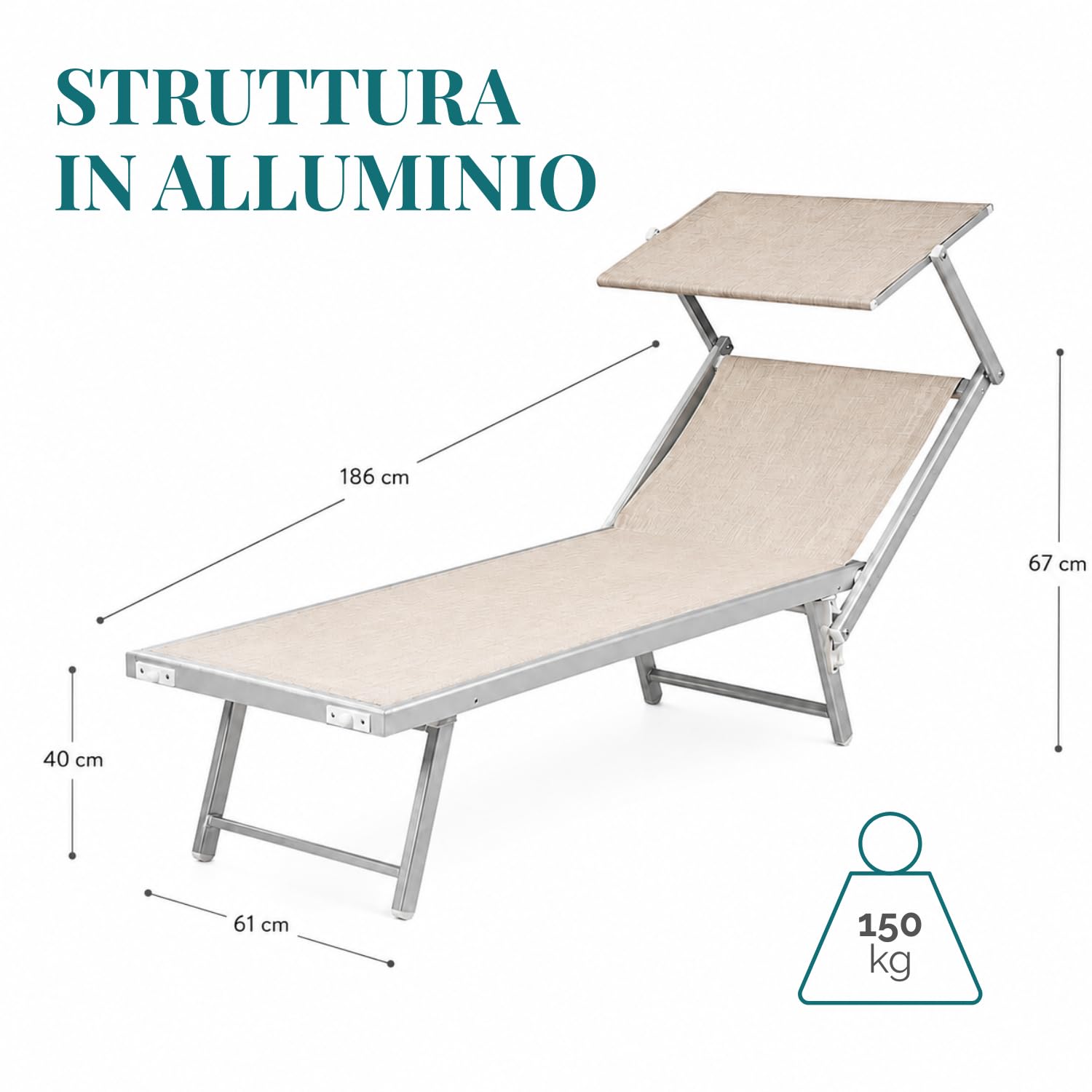 PALUPLUS 2 Lettini Prendisole Professionali in Alluminio, Misura 186x61x40 cm, Tessuto Textilene, con Tetto Parasole e Schienale Regolabile, per Spiaggia, Lido, Piscina, Portata 150Kg -8458F (Crema)