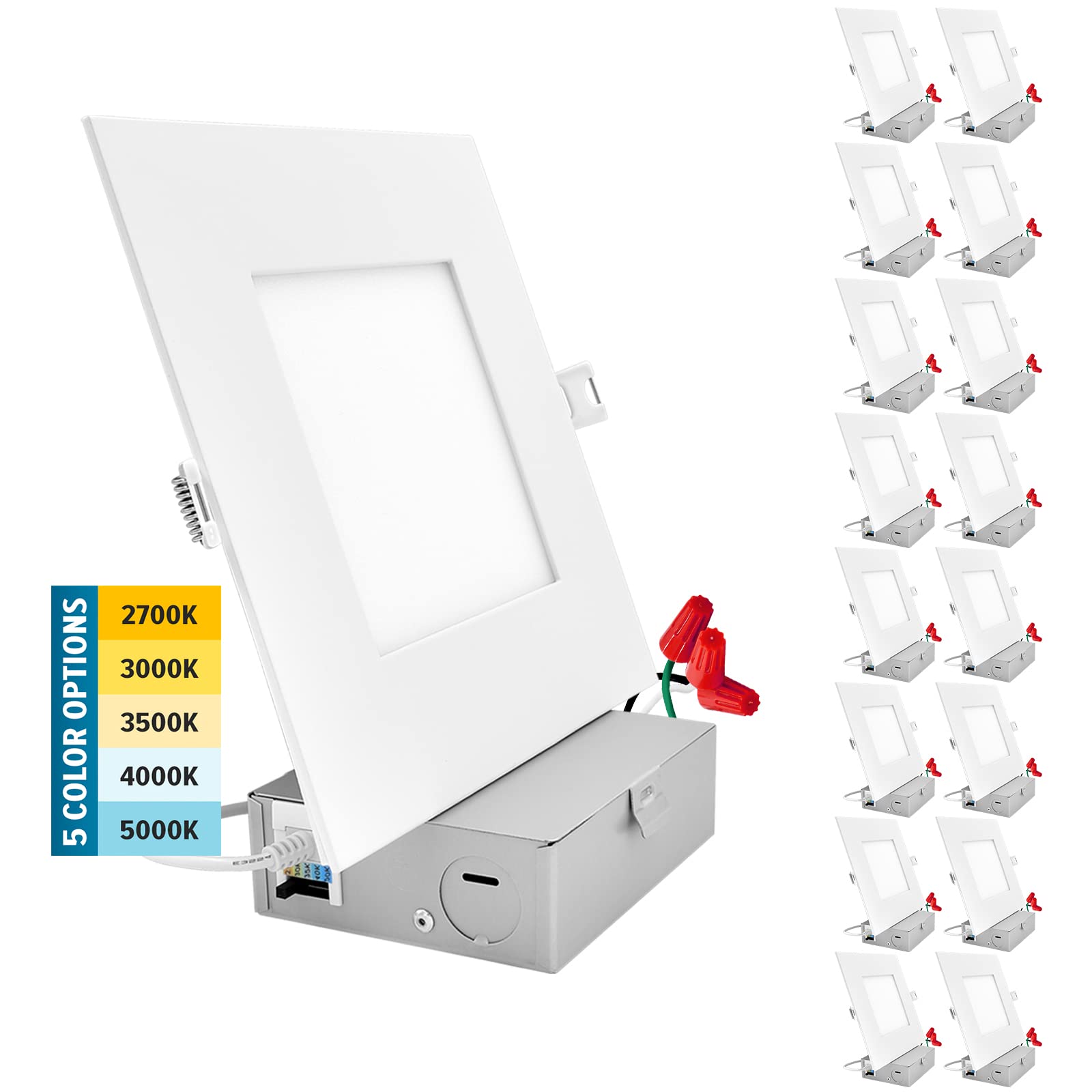 SUNPERIAN 16 Pack 6 Inch Ultra-Thin Square LED Recessed Light with Junction Box, 5 Color Options 2700K/3000K/3500K/4000K/5000K, 12W, 1000 Lumens, Dimmable Wafer Lights, Wet Rated, IC Rated-image-5