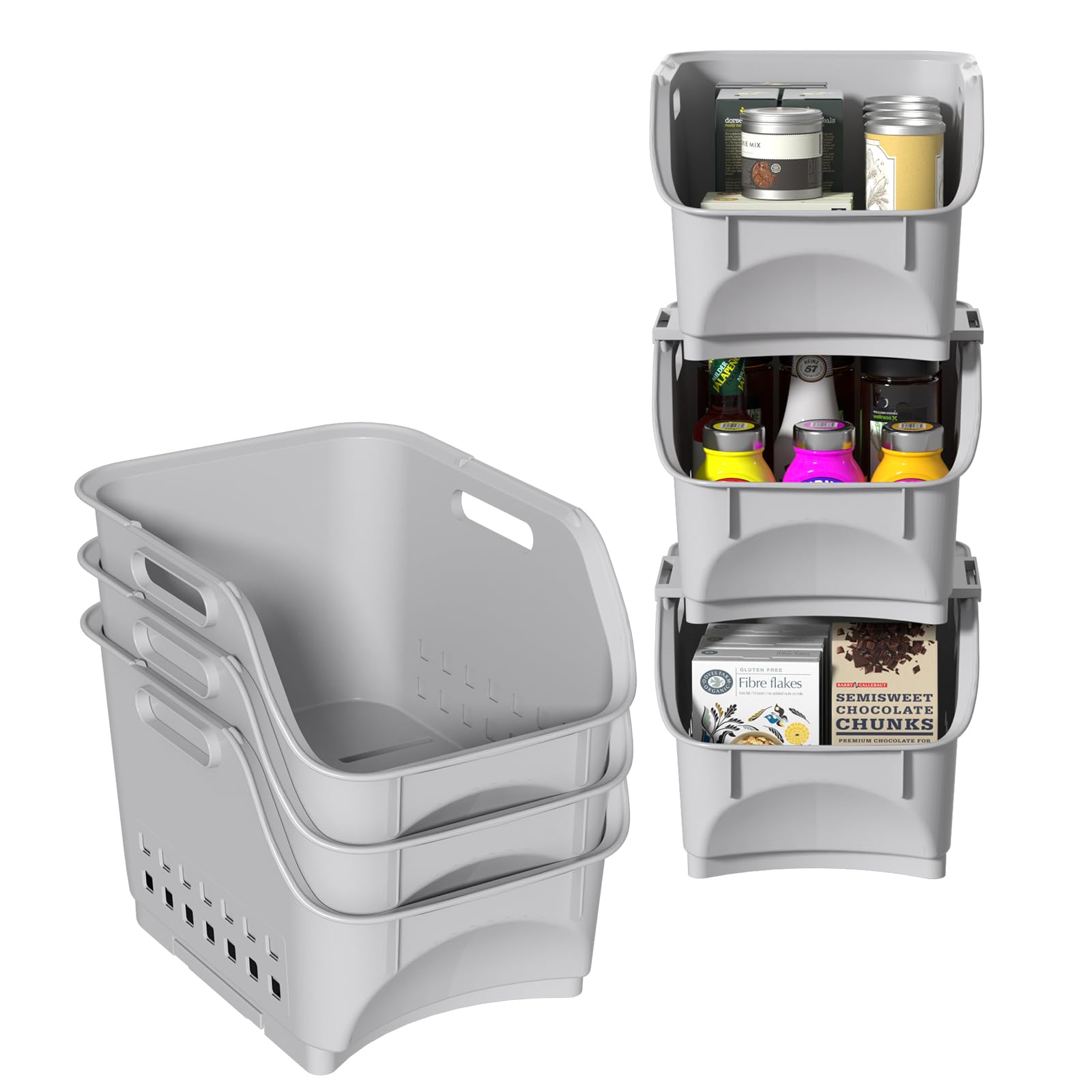 Paquete de 3 cestas de almacenamiento frontales abiertas, cestas apilables de plástico para organizar frutas, verduras, condimentos, color gris