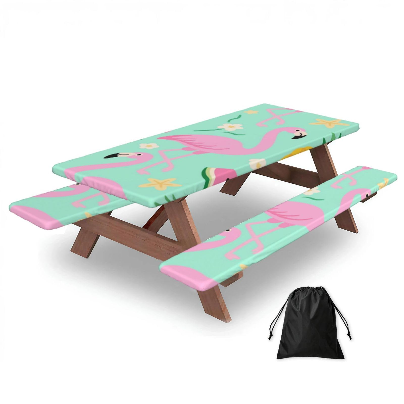 FekiLoot Pineapple Watermelon Flamingo Picnic Table Cover with Bench Covers and Bag, Windproof Waterproof Rectangle Tablecloth with Elastic Edges Fitted Camping Table Covers for Picnic Party Travel