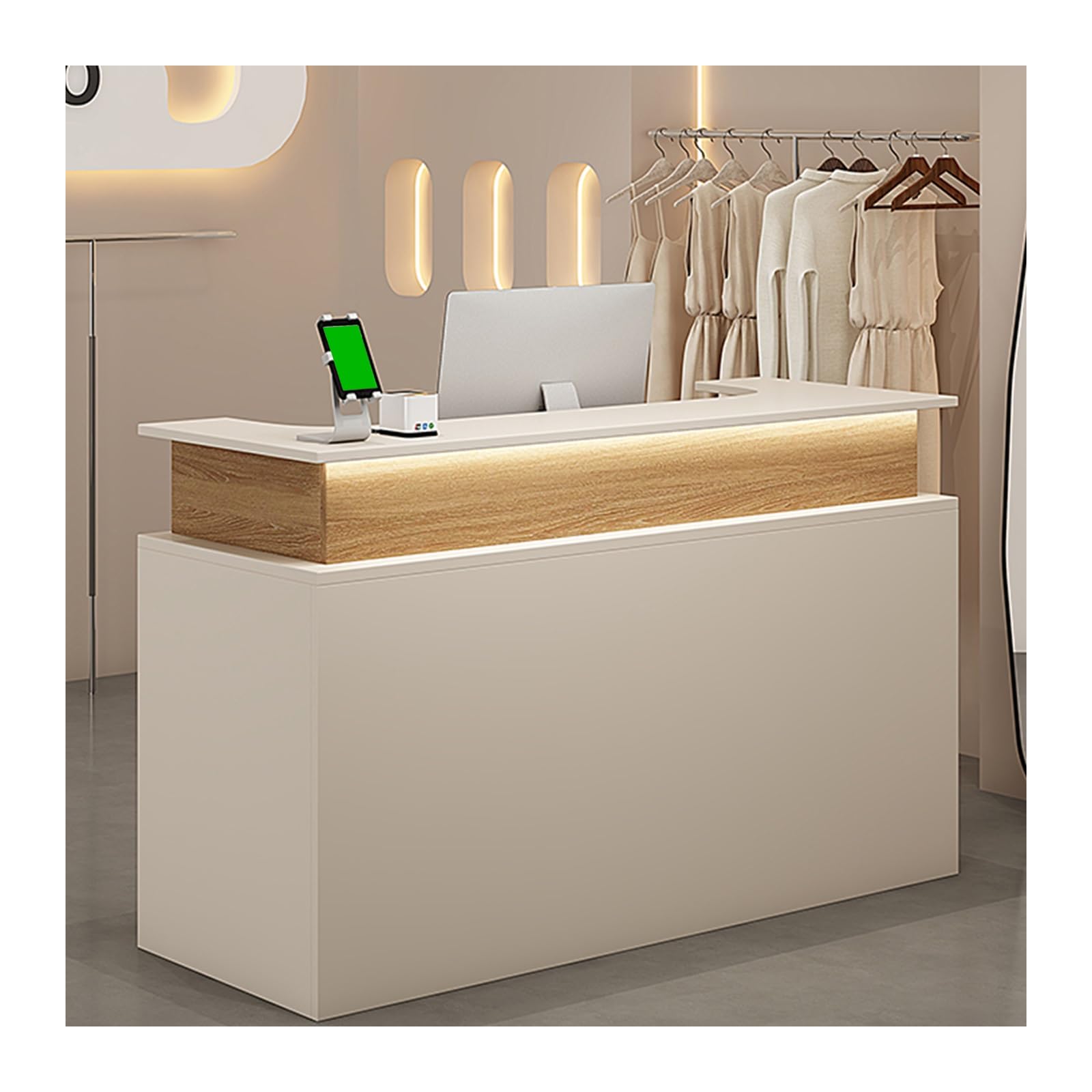 Biurko recepcyjne LED, 110 cm, nowoczesny blat sklepowy z szufladą, stolik powitalny do salonów piękności, spa, sklepów, stylowe meble ekspozycyjne do obsługi klienta
