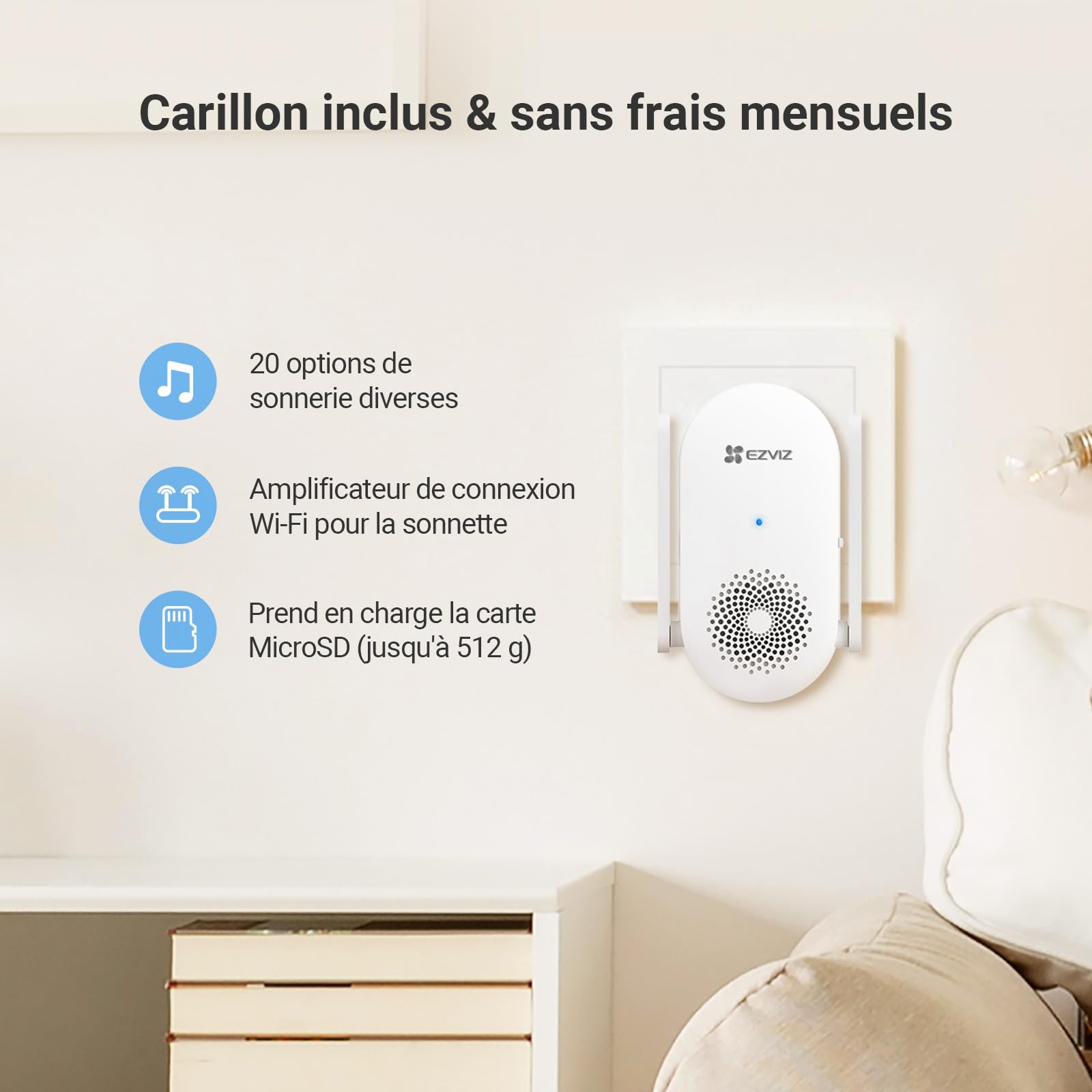 EZVIZ CP3 Sonnette connectée avec vidéo en 2K et Carillon, Kit de Sonnette sur Batterie avec Détection Humaine par IA, Audio Bidirectionnel et Vision Nocturne 6m, 100% sans Fil avec Batterie 5000 mAh