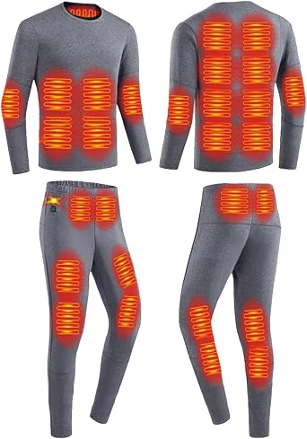 Men Heated Thermal Underwear Set Outdoor 28 Zones Electric Heating Fleece Lined Base Shirt Pants Set for Cold Weather