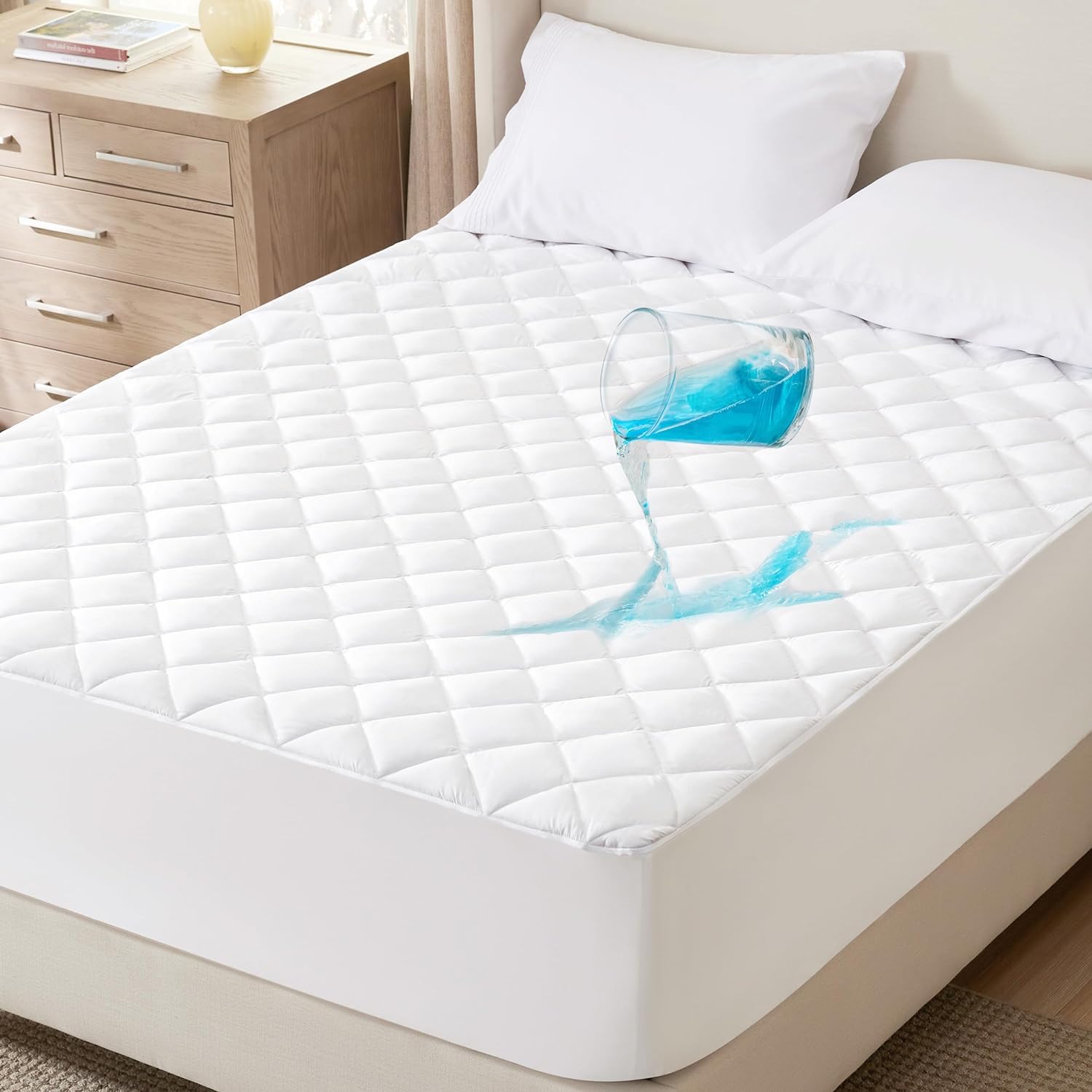 Homes-Linen White Mattress Protectors Waterproof Quilted Super Soft Cosy Anti Allergy Non Noisy Fitted Mattress Protector (Double)
