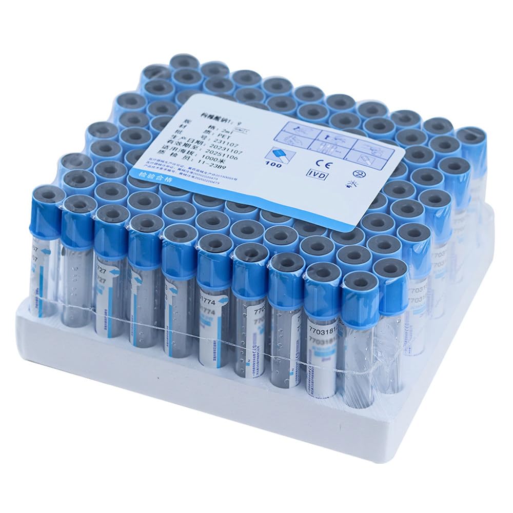 100 Provette per Prelievo di Sangue Sottovuoto, Provette in Vetro Sottovuoto da 2 Ml/5 Ml/10 Ml con Tappo A Vite Blu, Provetta Monouso Sterile in Citrato di Sodio 1:9, per Laboratorio,10ML