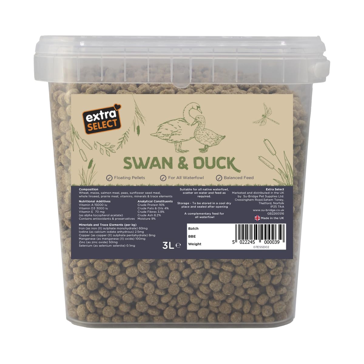 Extra Select Premium Swan and Duck Food Floating Pellets - Nutritious and Healthy Feed for Wild Geese, Ducklings and Waterfowl - Resealable Bucket 3 Ltr