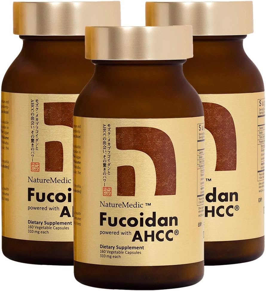 Fucoidan Powered with AHCCยฎ Brown Seaweed Immunity Supplement with High Purity Mekabu Mozuku Agaricus 3 Bottles - 480 Vegetable Capsules