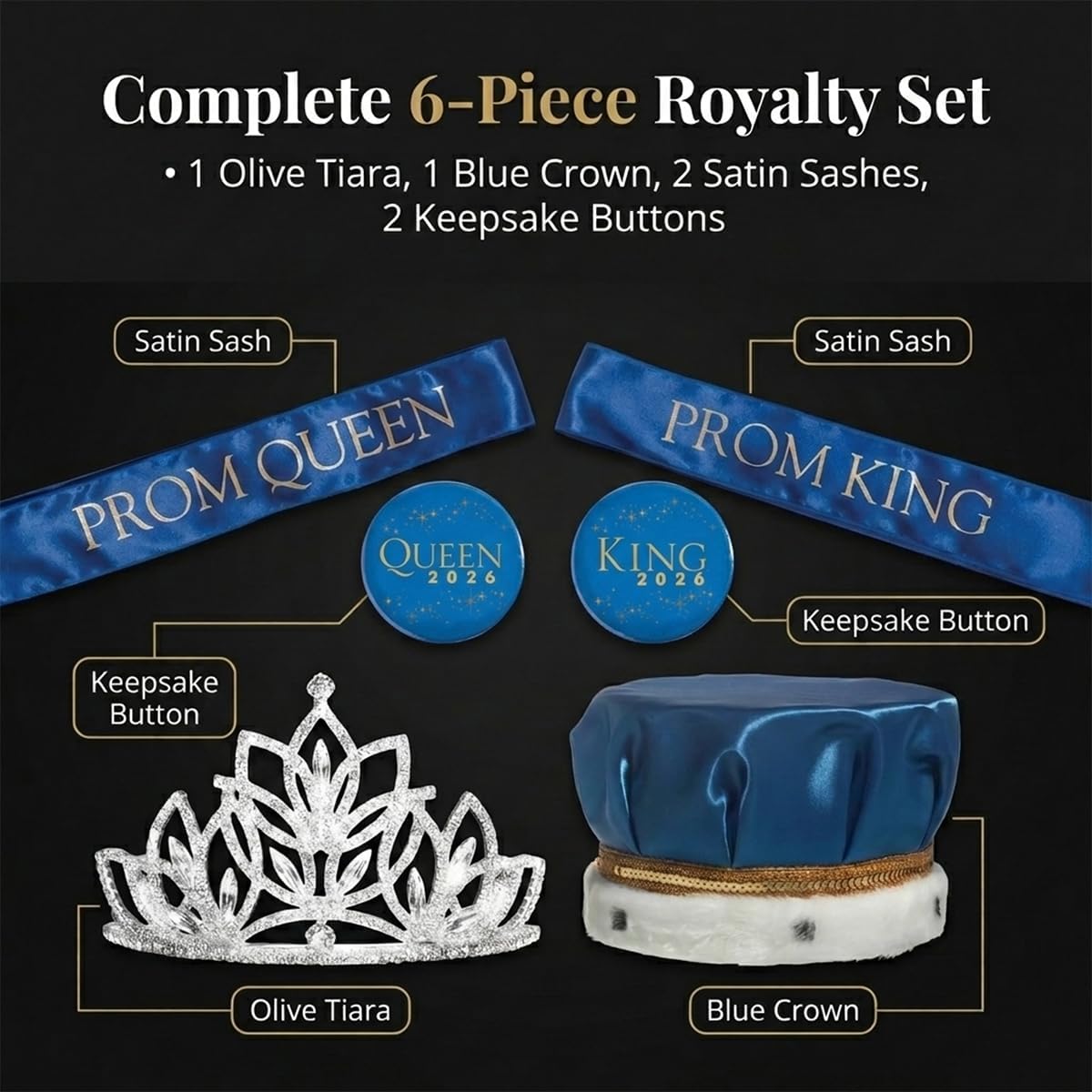 Anderson's Prom Royalty Set - Rhinestone Tiara, King Crown, Sashes, Buttons