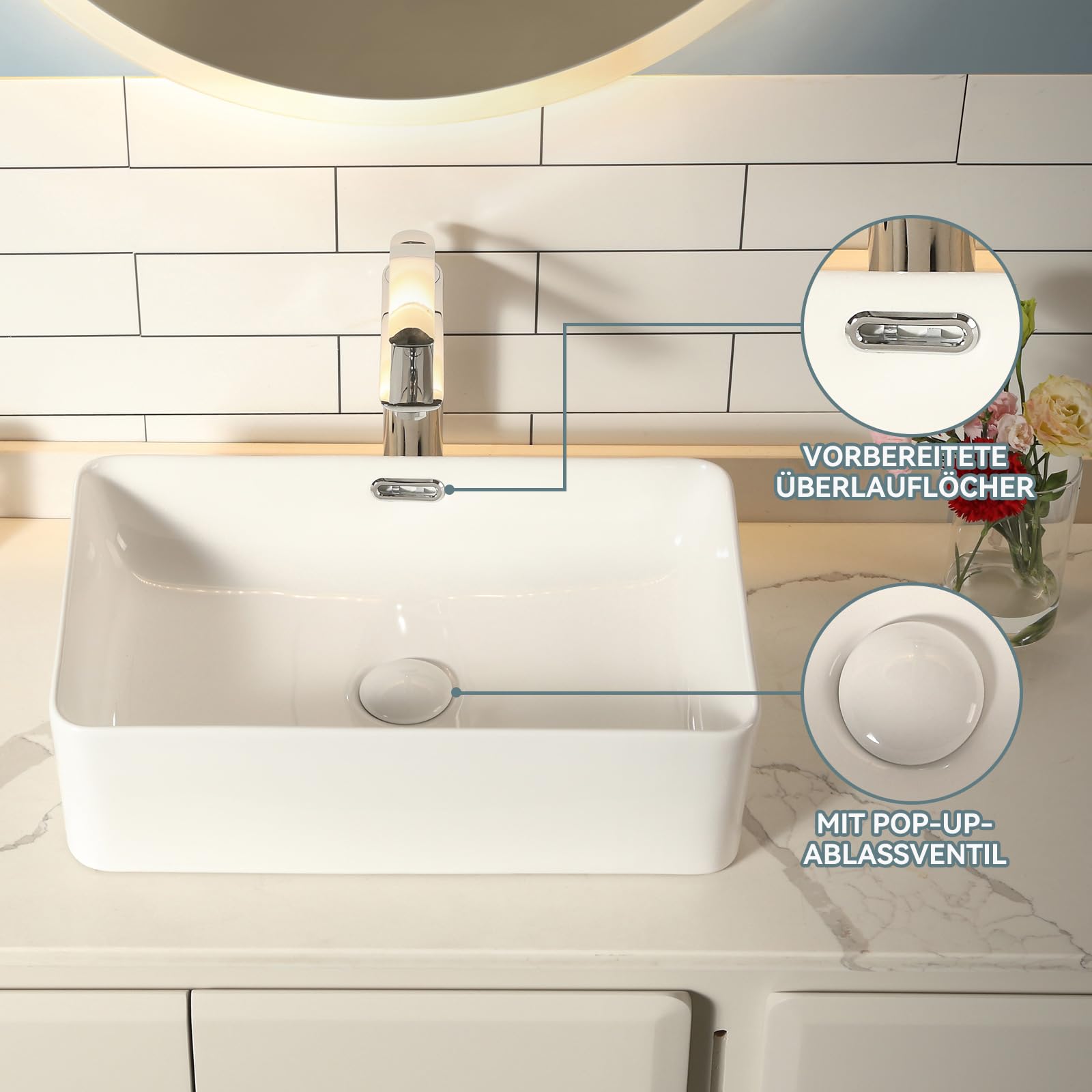 Lavabo à poser, en céramique, rectangulaire, à bord fin, pour invités, blanc, avec valve de vidange pop-up, avec trop-plein, 48 × 31,5 × 14 cm