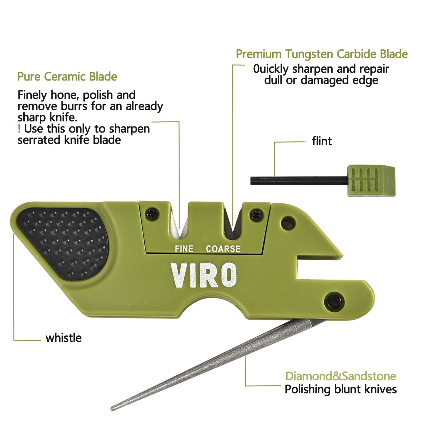 VIRO 6-in-1 Pocket Knife Sharpener& Survival Tool Outdoor Hunting Knife & Hook Sharpener, Handheld, Compact, Lightweight, Multi Use(Green)