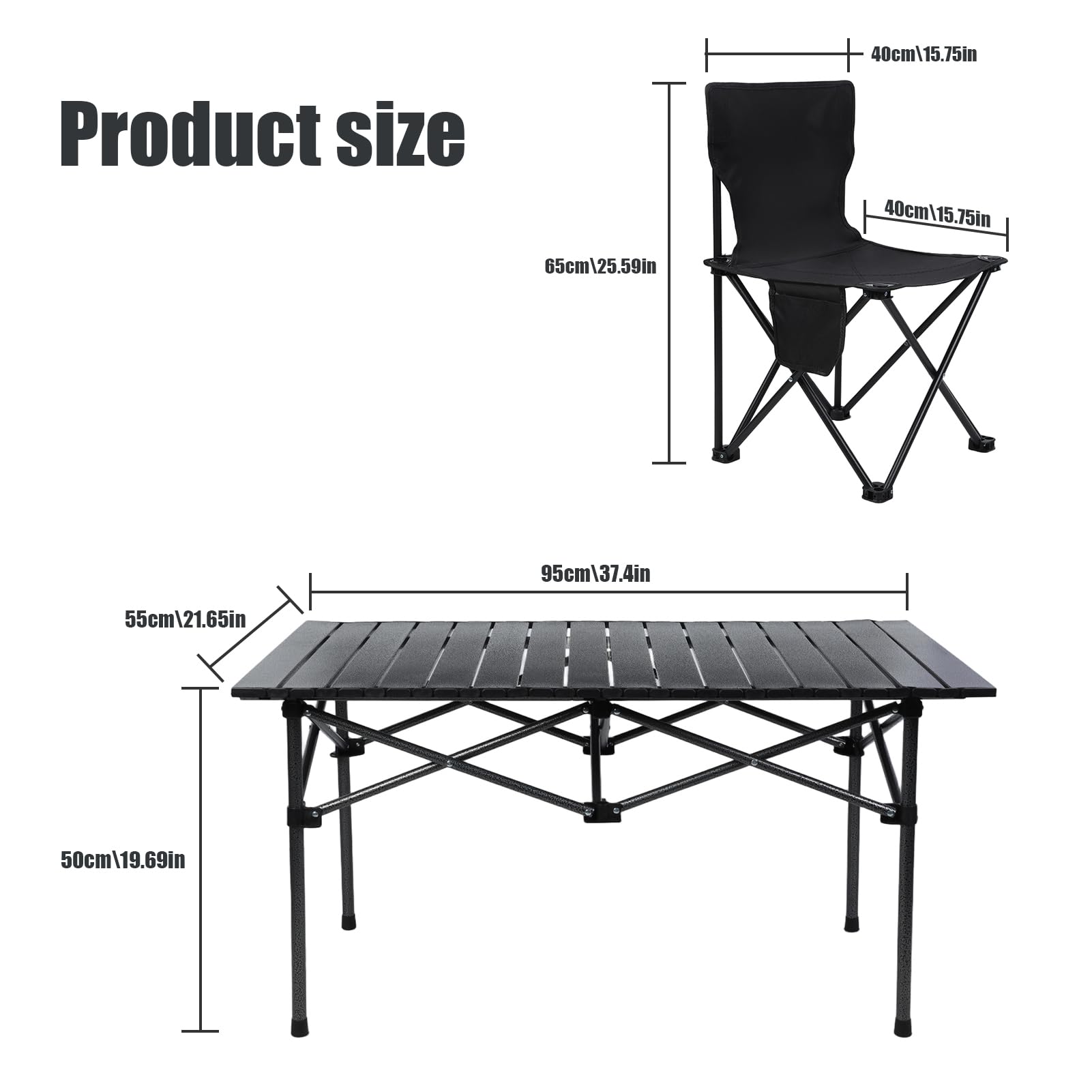 Ensemble Table et 4 Chaises Pliantes, Tables de Jardin Pliante Camping, Set 1 Table + 4 Chaises Pliantes Extérieur en Métal, Facile à Nettoyer, 75kg Capacité Noir Surdimensionné