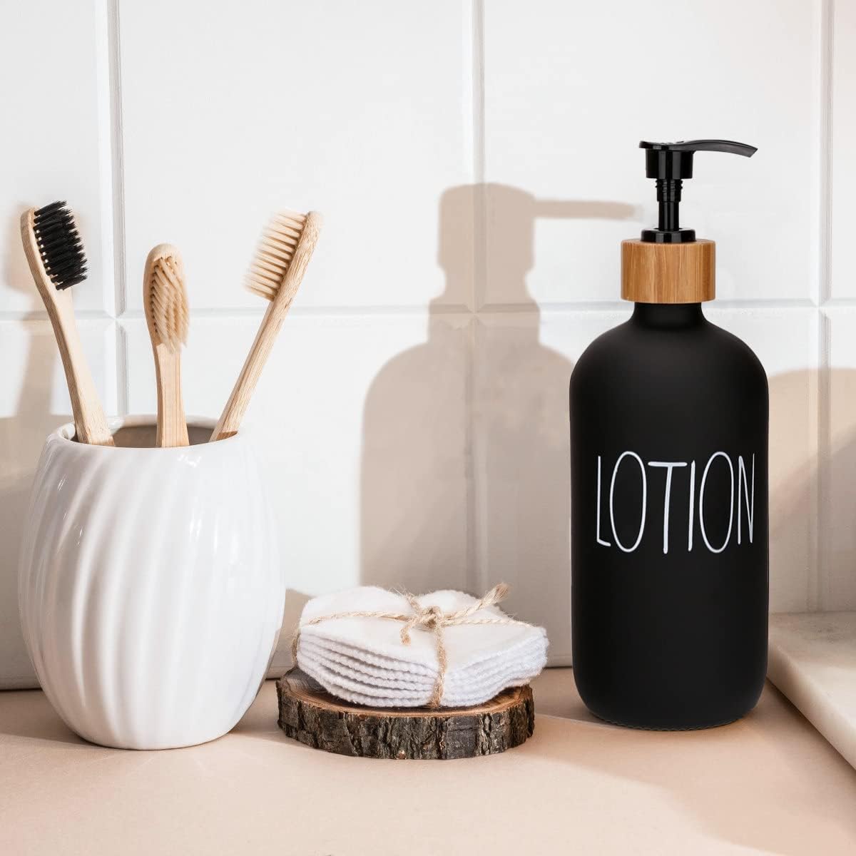 Soap Dispenser Bathroom Set, Hand Soap and Lotion Dispenser Set with Tray for Bathroom, Black and White Bathroom Decor Modern Farmhouse Decor Kitchen Art Dish Soap Holder (Black & White) - Image 8