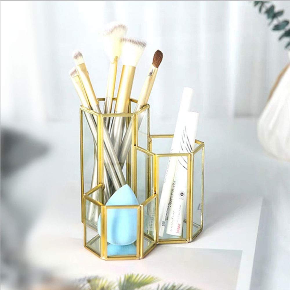 Tripla portapenne, oro esagonale Desk Tidy, metallo portapenne, portapenne, portapenne e pennelli da trucco per riporre in ordine