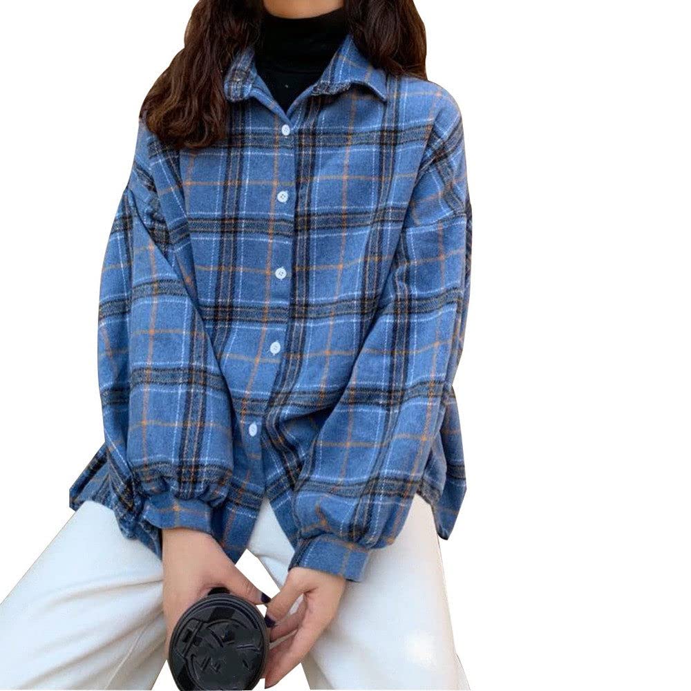 Damen Bluse,Damen Flanellhemden Damen Holzfällerhemden Blau Kariert Lässige Mäntel Roll Up Ärmel Strickjacke Vintage Knöpfe Sexy Hemden Damen Mäntel