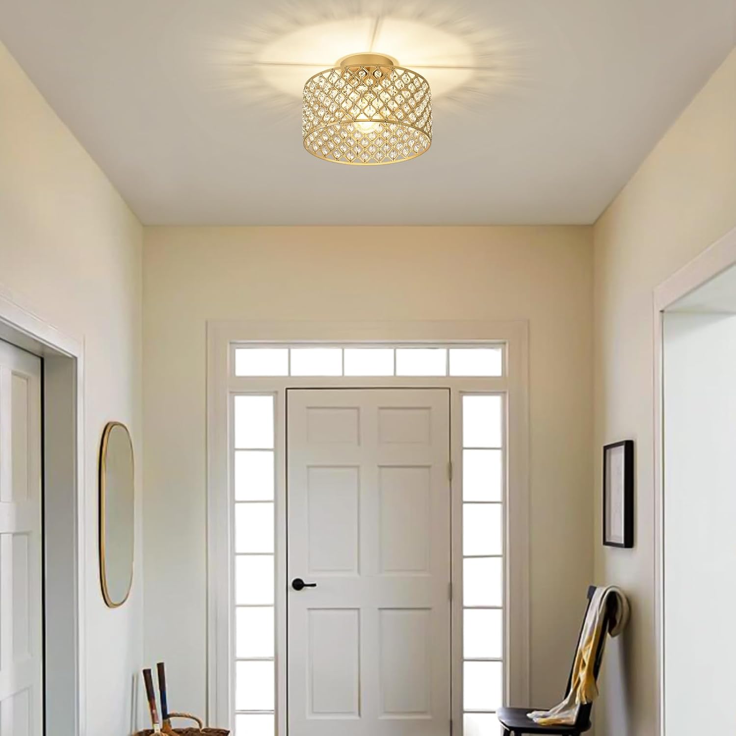 Gold Crystal Ceiling Light Fixture,Modern Semi Flush Mount Ceiling Lighting Fixture,Round Small Chandelier for Dining Room, Hallway, Entryway, Kitchen, Bedroom,Foyer,1 Light,11.2 inch