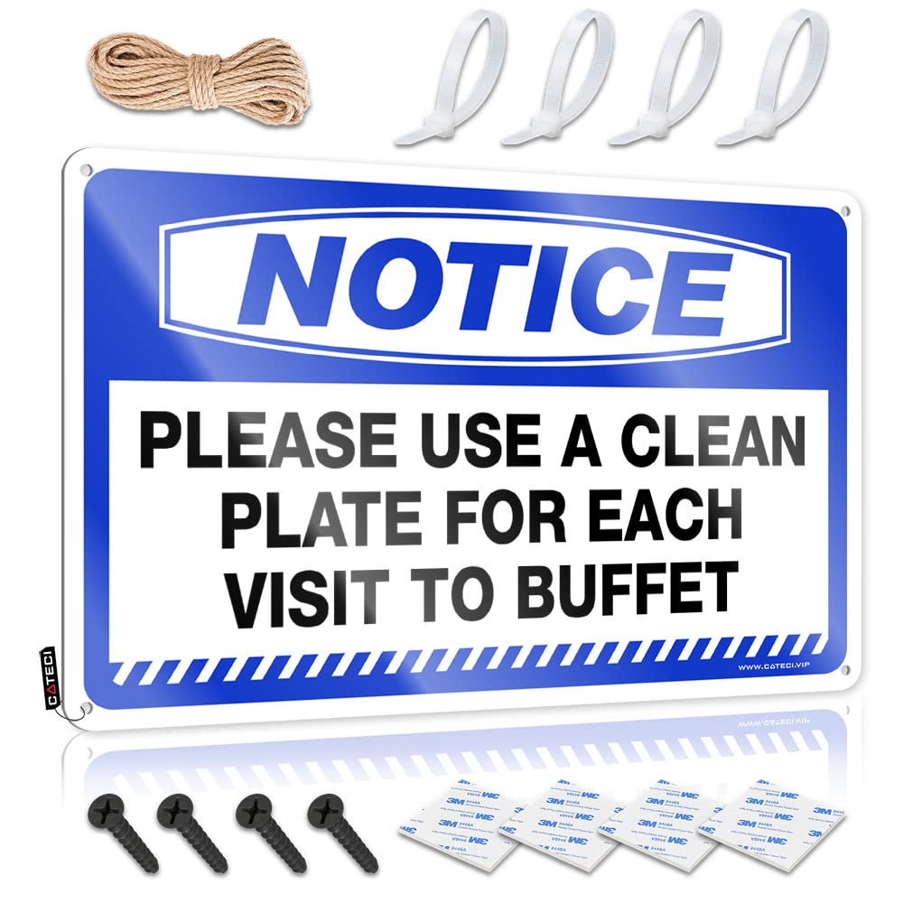 STWNVOITV Bar Funny Signs Notice Please Use A Clean Plate For Each Visit To Buffet Tin Sign Funny Garage Signs For Men Vintage Bar Decor(30X40CM)