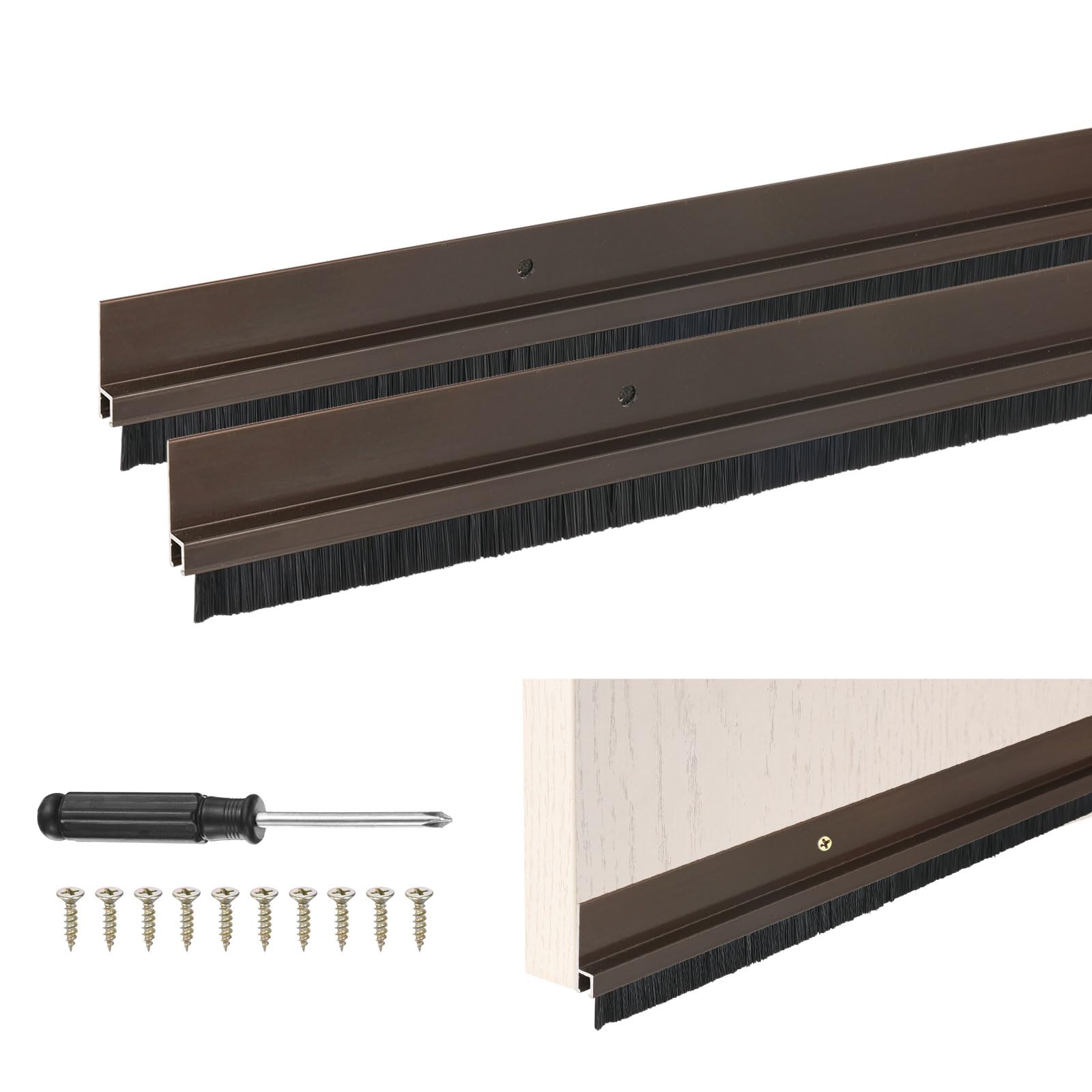 M METERXITY Paquete De 2 Escobillas Para La Parte Inferior De La Puerta, 39" L x 1.4" A Base De Aleación De Aluminio En Forma De H Con Cerdas De Nylon De 0.4" Para Sellado [Color Marrón]