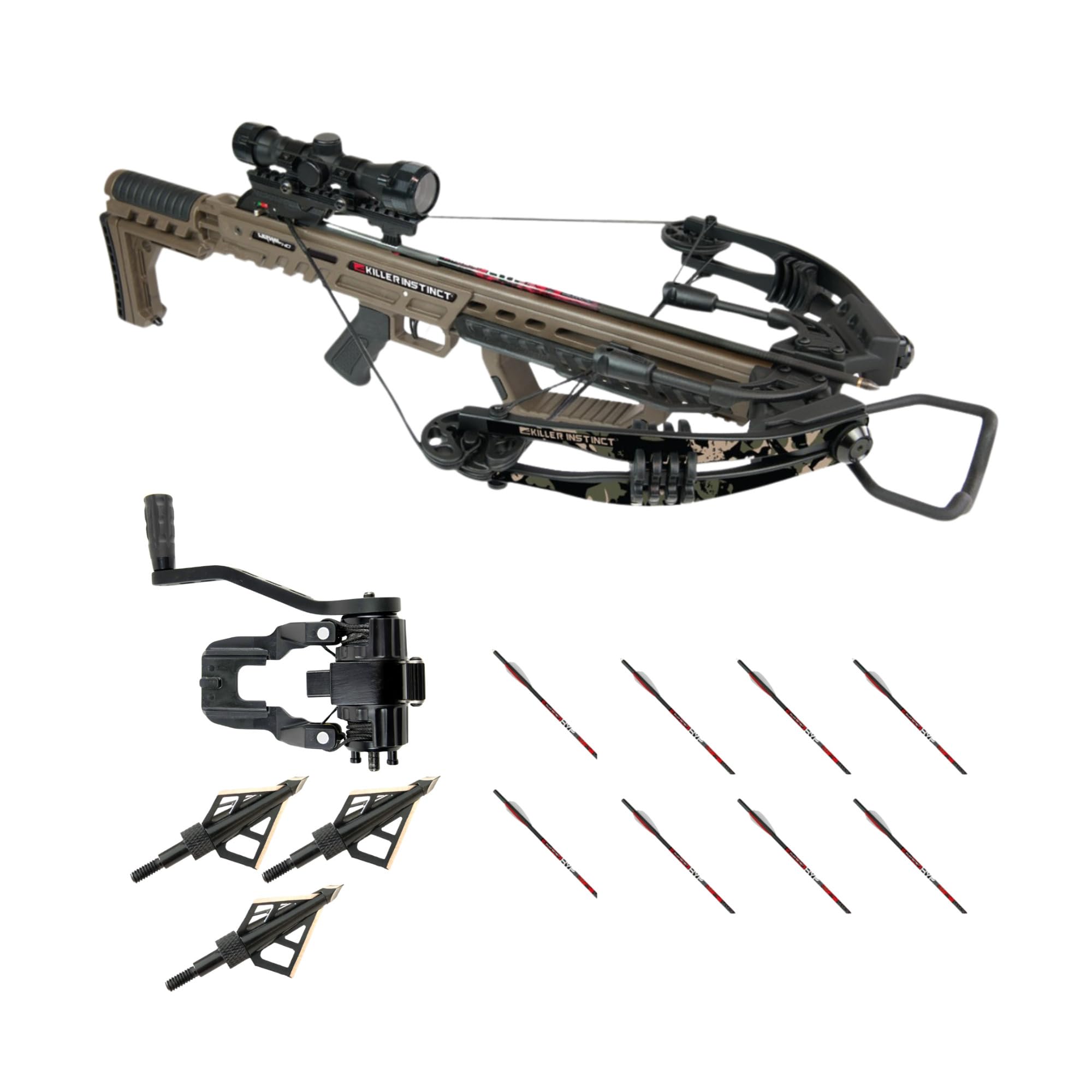 Killer Instinct Lethal HD405 Crossbow Bundle with Dead Silent Crank, 8 Hypr-V Crossbow Bolts and (3-Pack) Fixed-Blade Steel Tip 100-Grain Hunting Broadheads