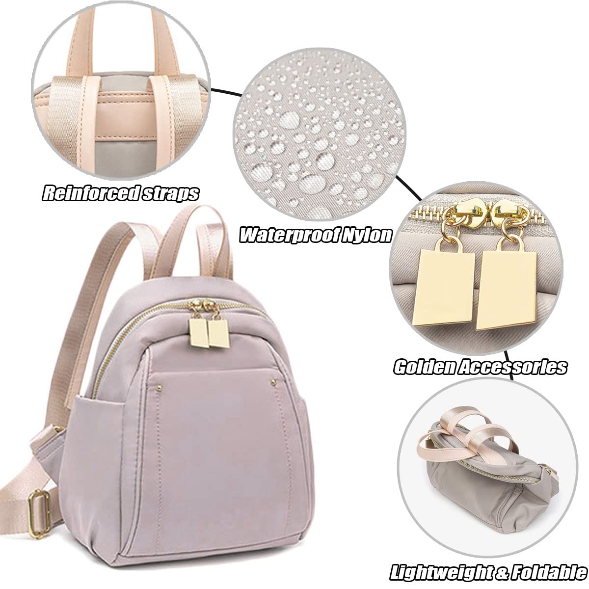 Mochila Pequeña de Moda para Dama, Hermoso Diseño de Mujer Mochila de Nylon en Colors Suave, Bolso Mochilas Ligeras Antirrobo con Múltiples Compartimentos para el Trabajo, Viajes, Ocio