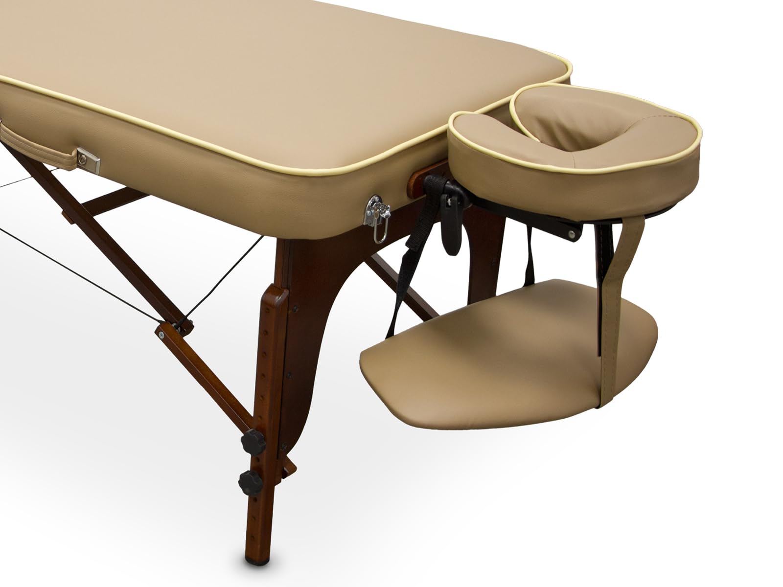 QUIRUMED Camilla de Masaje para SPA, Portátil, de Madera, Color Arena, Madera Barnizada, Polipiel, Relleno de Alta Densidad, Altura Regulable, Plegable, Cabezal Desmontable, hasta 210 kg