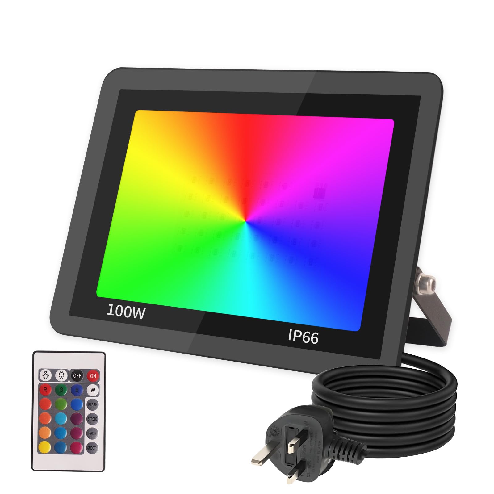 JBdusn 100W RGB LED Floodlight Outdoor with Remote Control, RGB Flood Lights Colorful with British Standard Plug, Spotlight Color Changing Dimmable Party Lights for DJ Disco Party Garden Halloween