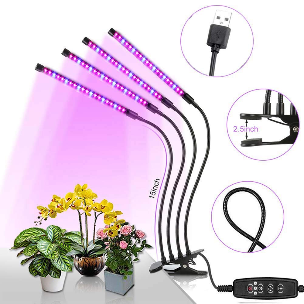 Luces de cultivo LED, lámparas de cultivo de plantas de 4 cabezas para plantas de interior, cuello de cisne ajustable con clip de escritorio encendido, bombillas de lámpara