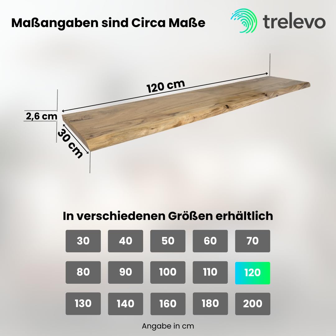 Holzplatte 120x30 cm, Akazienholz massiv 26mm, Tischplatte naturfarben, Baumkantenplatte für Regale und Rückenlehne Bank, einseitige Baumkante