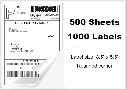 PAPRMA Etiquetas autoadhesivas de media hoja para impresoras láser y de inyección de tinta, con esquinas redondeadas (500 hojas, 1000 etiquetas)