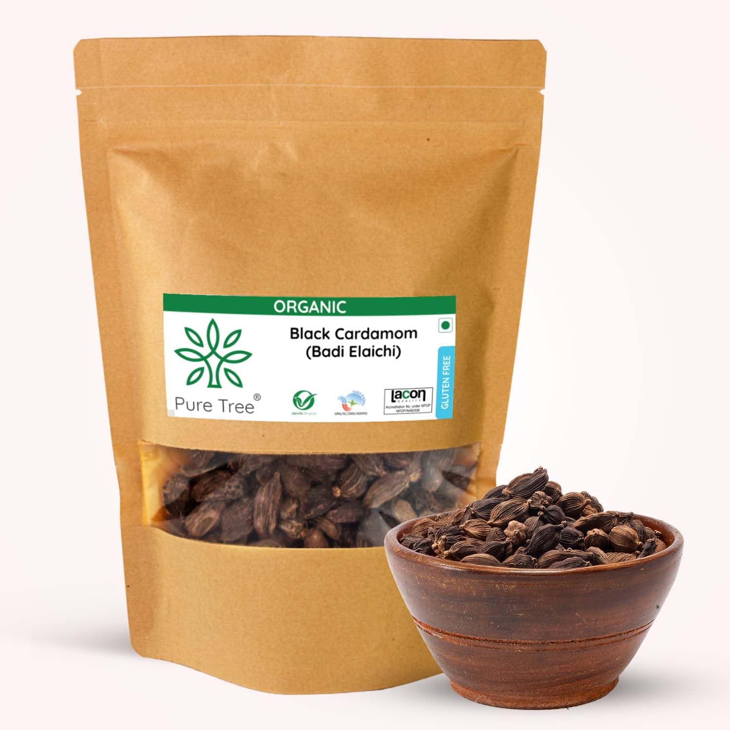 Pure Tree Certified Organic Black Cardamom Whole | 100 g | Badi Elaichi Indian Spice | Moti Elaichi Organic Adds Aroma and Flavour | Cardamom Elaichi Whole