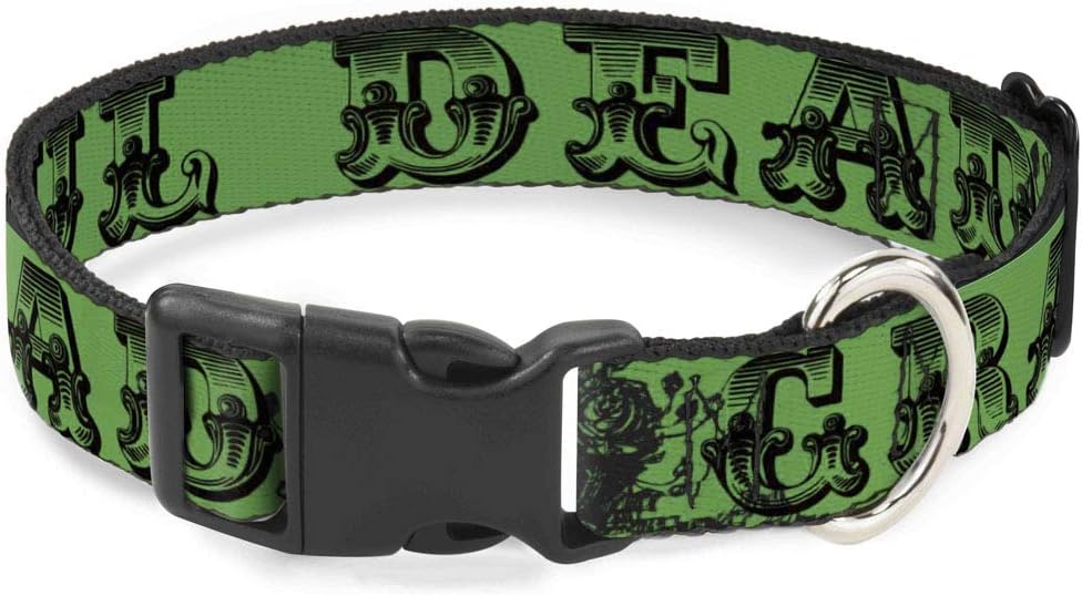 Dog Collar Plastic Clip Grateful Dead Text Skull Roses Green 18 to 32 Inches 1.5 Inch Wide