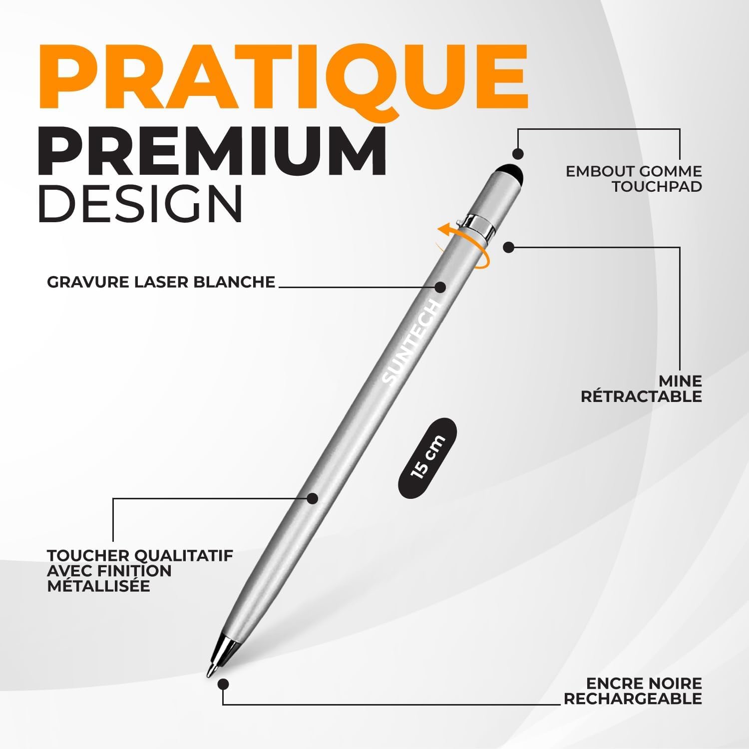 Niestandardowe pióro PenTouch Design 2 w 1 z rysikiem do ekranów telefonów i tabletów. Francuska marka. Etui w prezencie. Chowane. (niestandardowy metaliczny szary, 25)