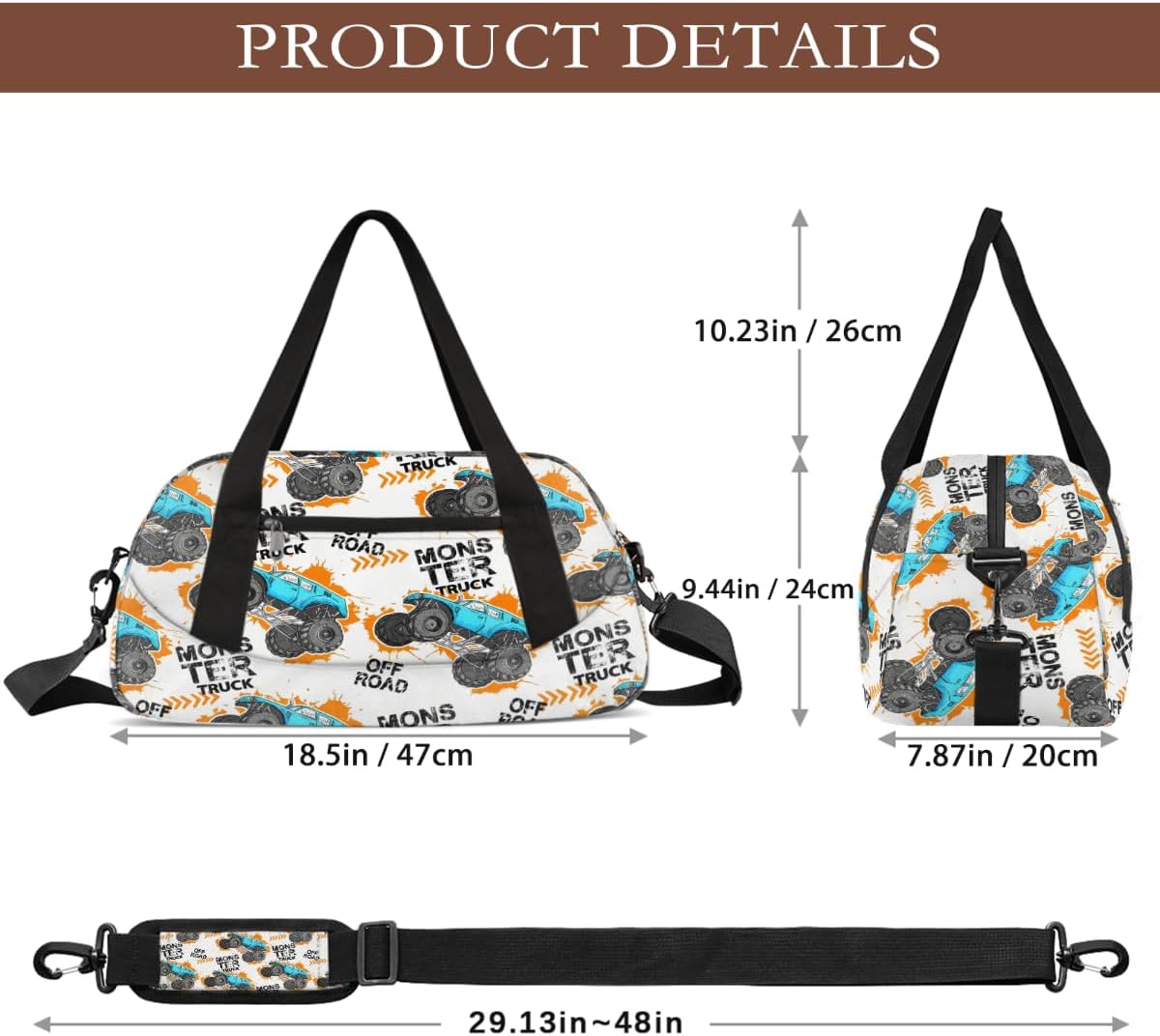 Gym Travel Duffle Bag for Boys - Blue Monster Car Trucks Kids Overnighter Weekend Bag with Front Zipper Pocket for School Practice, Teens Carry-On Size Sleepover Bags - Image 2